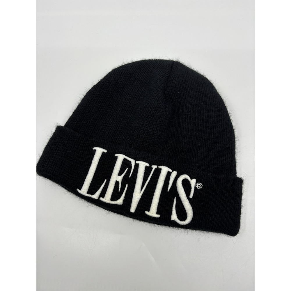 Levis Black Knit Beanie Hat Embroidered Logo Cuffed Made in Italy Unisex